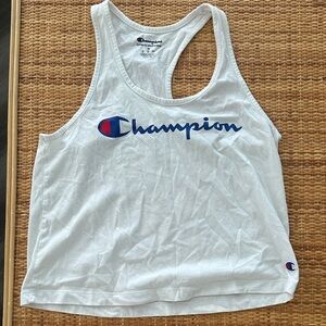 Champion White Racerback Tank with Blue Script and Red Accent